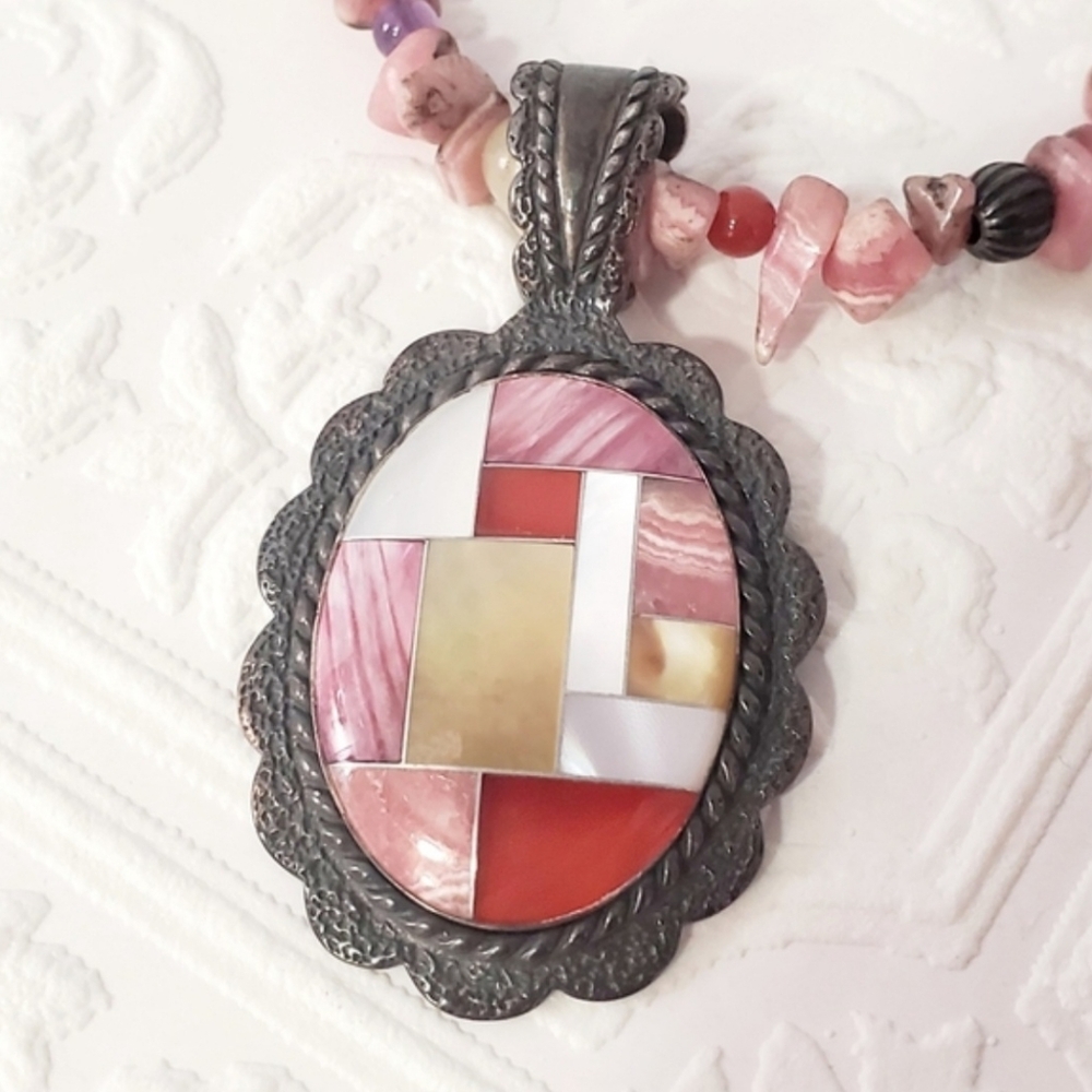 Sterling Silver Vintage 1970'S Shell Pendant Necklace Pink - Picture 2 of 8